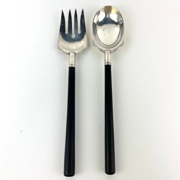 Ebony Handle and Silver Plate Salad Serving Spoon and Fork - Picture 1 of 6